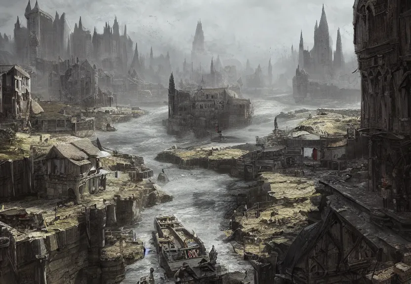 Prompt: painting of a town with a major river that runs along the west side of the town, the town is dominated by two tall cliffs of grey stone, medieval buildings, castle, high contrast, architecture, concept art, dramatic lighting, digital art, 8 k, extremely detailed, drawn by ruan jia