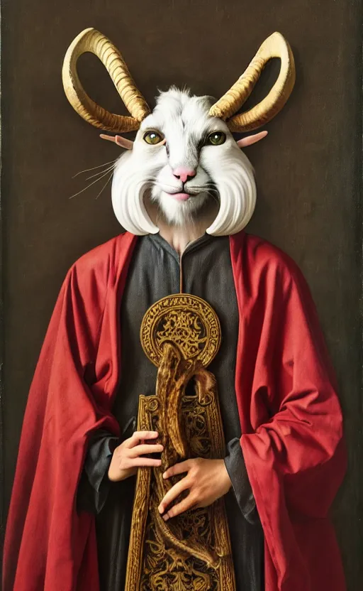 Image similar to a bipedal cat that has two goat horns, anthropomorphic cat that is wearing robes, matte oil painting, by jan van eyck, d & d, character reveal, fantasy, concept art, cosmic, magical, fog, noble, full body portrait, intricate, ornate, extremely detailed, cult, ritual, sharp focus, 4 k, 8 k