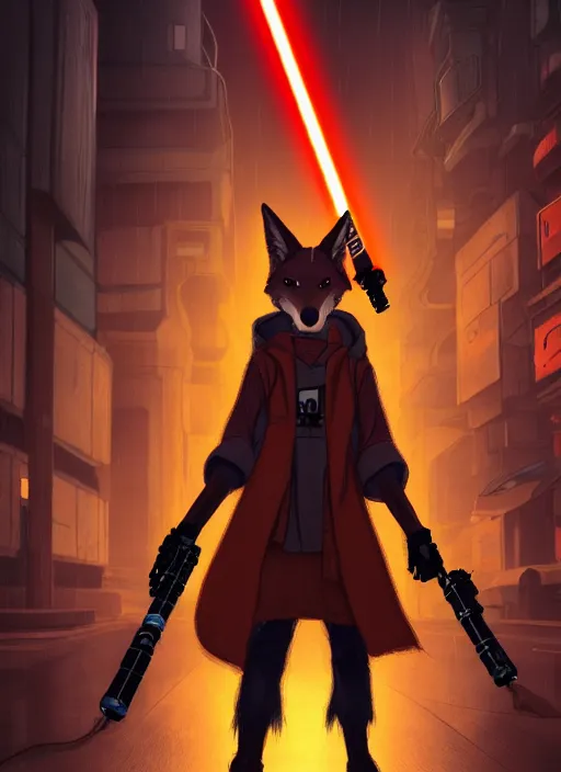 Image similar to character portrait of a anthro coyote fursona wearing jedi robes wielding an orange lightsaber in a cyberpunk city at night while it rains. hidari, color page, tankoban, 4K, tone mapping, Akihiko Yoshida.