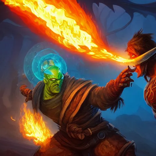 Image similar to a pyromancer is fighting a orc with blue fire, medium level shot , epic scene, Mucha style , general fantasy, illustration ,concept art,