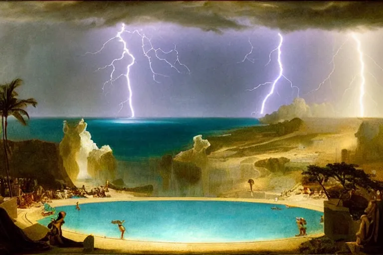 Prompt: Doomsday chaos, refracted lightnings on the ocean, thunderstorm, greek pool, beach and Tropical vegetation on the background major arcana sky and occult symbols, by paul delaroche, hyperrealistic 4k uhd, award-winning, very detailed paradise