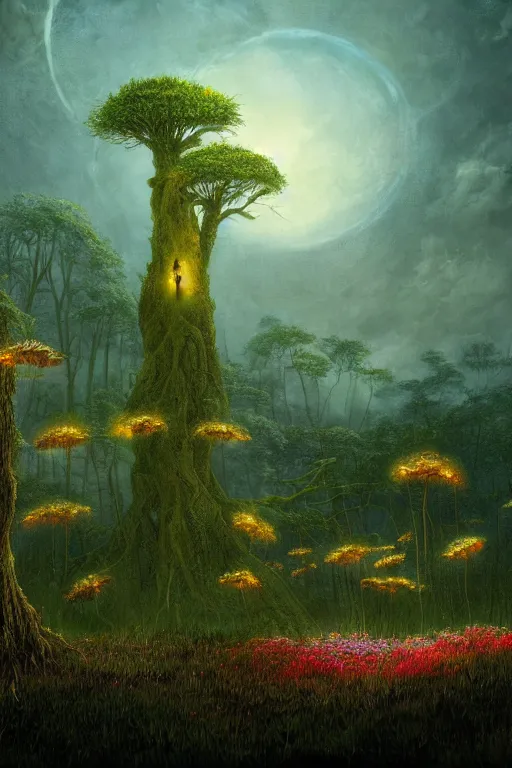 Image similar to a beautiful digital illustration painting of a detailed foreboding skies fantasy fireflies and roots, dark mushroom, flowers by roger dean, caspar david friedrich, and david rios ferreira, 8 k resolution trending on artstation concept art digital illustration