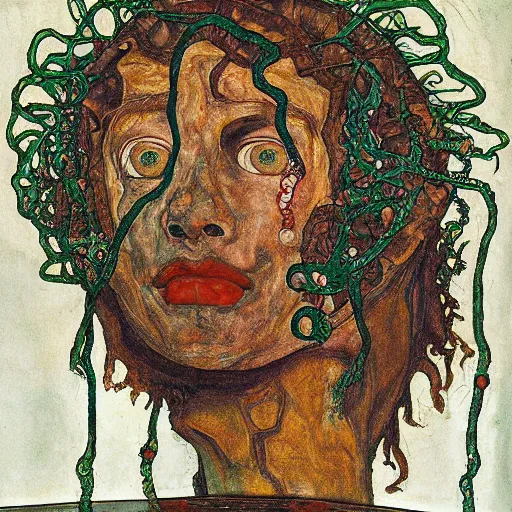 Prompt: heads of medusa made of water and candy by egon schiele
