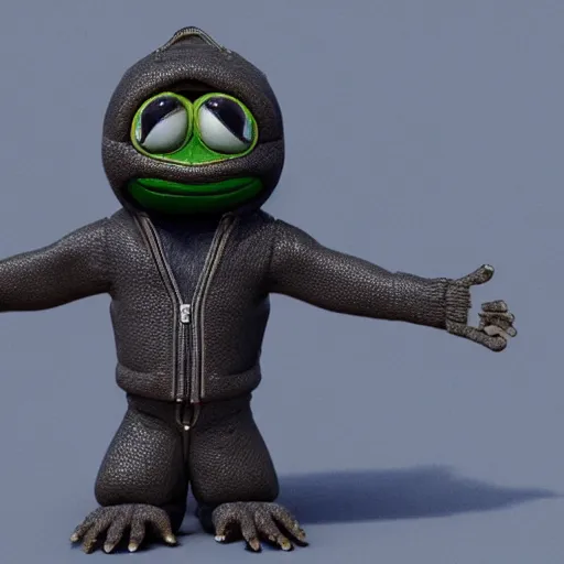 Image similar to perfectly accurate miniature figure of pepe the frog wearing jeans and a black leather jacket, soft textures, skin texture, clothing, 3d sculpture, textured, fine detail, lifelike, photo, high resolution, octane render, post processing, after effects, trending on artstation