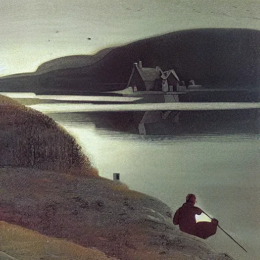 Prompt: A cottage near lake by Harald Sohlberg. A fisherman fishing in the lake beautiful trending on Artstation oil on canvas