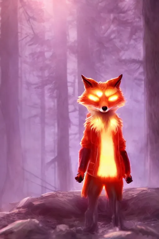 Image similar to a cyberpunk anthropomorphic fox with a fluffy tail in a forest, backlighting, cgi, rendered in unreal engine, trending on artstation, cartoon