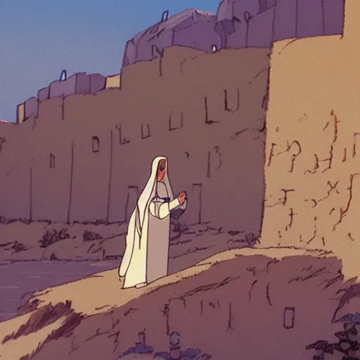 Image similar to the life of jesus christ by studio ghilbli | still of studio ghibli film | beautifully detailed | jesus enters jerusalem