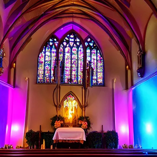 Prompt: A funeral photo with a RGB coffin in a church, RGB coffin in a church, coffin with RGB lighting at a funeral in a church