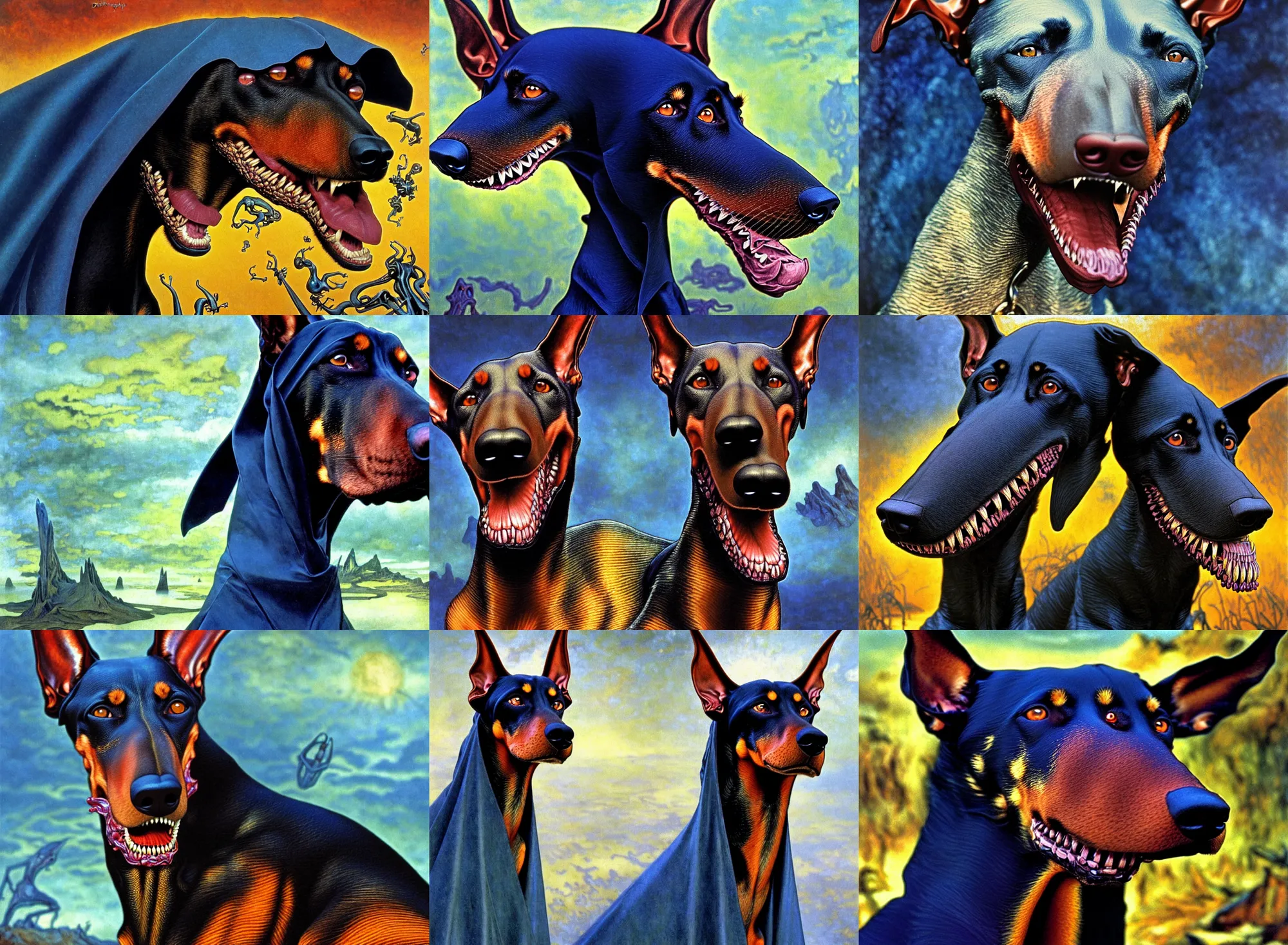 Prompt: realistic detailed portrait movie shot of a snarling doberman wearing a cape, sci fi landscape background by denis villeneuve, amano, yves tanguy, alphonse mucha, ernst haeckel, max ernst, roger dean, masterpiece, rich cold moody colours, dog teeth, blue eyes