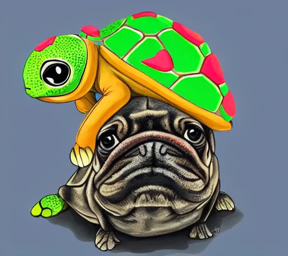 Prompt: a cute little turtle riding on the back of a pug, digital art, colourful