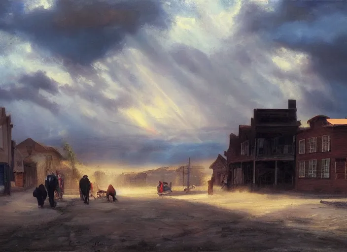 Image similar to oil painting of american old west town, harbour, dramatic storm clouds, dusty street, sunrays, dramatic, very very very beautiful art, cinematic lighting, romanticism by goya, bright pastel color, blue sky