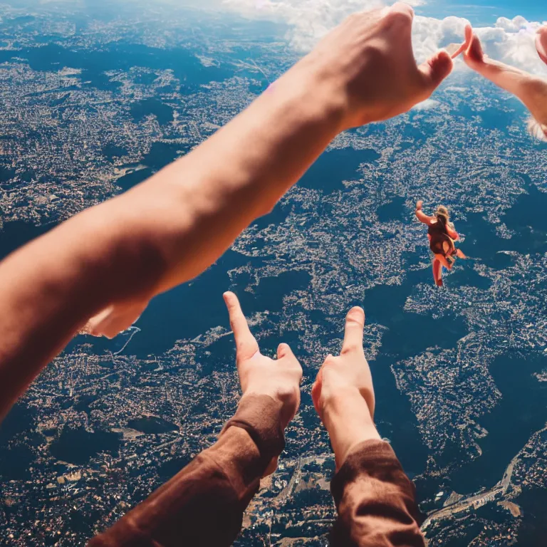 Image similar to a person holding hands with a friend while flying high in the sky, windy