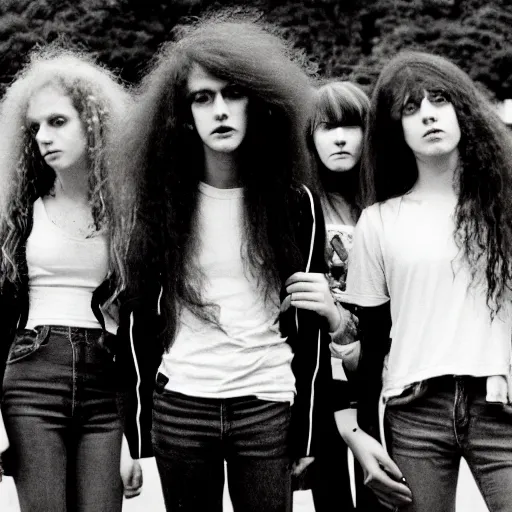 Prompt: Group of 19-year-old women holding electric guitars, long shaggy hair, permed hair, doom metal, punk rock, SST, band promo photo, 1987 photograph