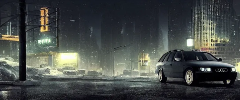 Image similar to Audi A4 B6 Avant (2002), a gritty neo-noir, simon stalenhag, Max Payne (PC) (2001) winter new york at night, dramatic bright lighting, cinematic, establishing shot, extremely high detail, photorealistic, cinematic lighting, artstation, by simon stalenhag, dark night, bright lights, eldritch horror