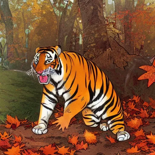 Image similar to a highly detailed portrait of cartoon tiger, sweating, flapping a leaf fan, autumn leaves on the ground, concise lines, ultradetailed environment, sharp focus, cinematic lighting, character art, 8 k, by alphonse maria mucha and kim jung gi