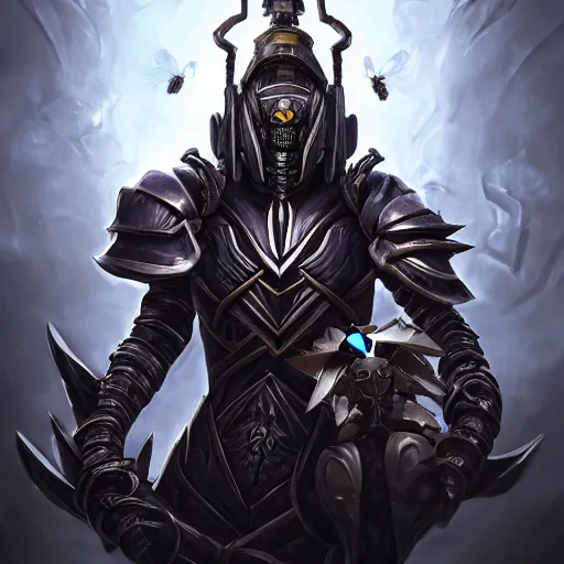 Image similar to portrait of humanoid wasp resembling a knight in black monstrous armor with dragonfly wings on its back, league of legends splash art, hearthstone splash art, full body shot, rule of thirds, ultrafine hyperrealistic detailed face, artgerm, greg rutkowski, trending on artstation, 8 k, intricately detailed, highly detailed