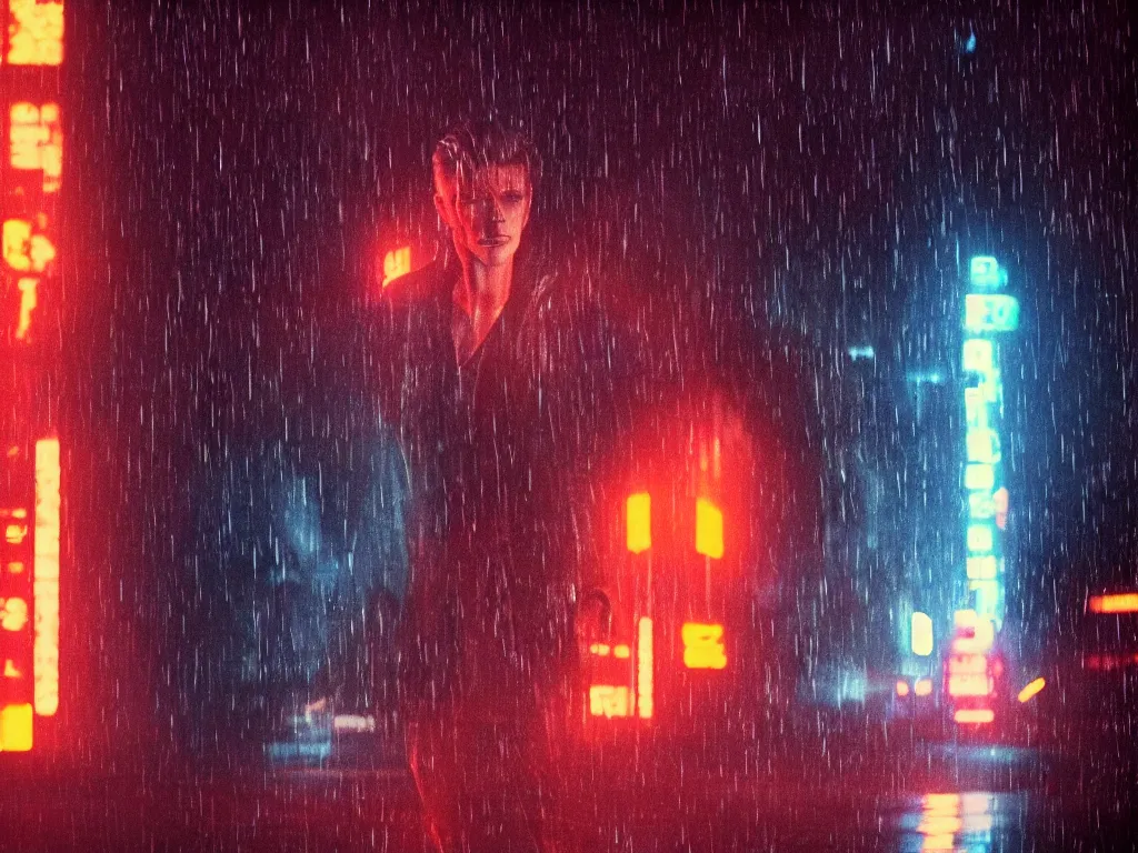 Image similar to David Bowie, close-up, film still from Blade Runner 2049, beautiful lighting, raining, neon lights, cinematic, depth, ultra-sharp details