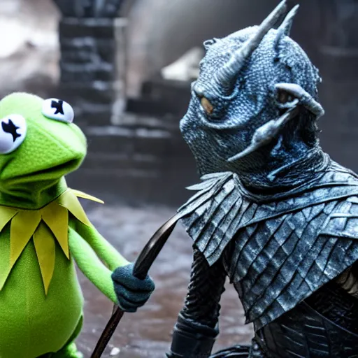 Image similar to first shot of kermit the frog fighting the night king in game of thrones, ( eos 5 ds r, iso 1 0 0, f / 8, 1 / 1 2 5, 8 4 mm, postprocessed, crisp face, facial features )