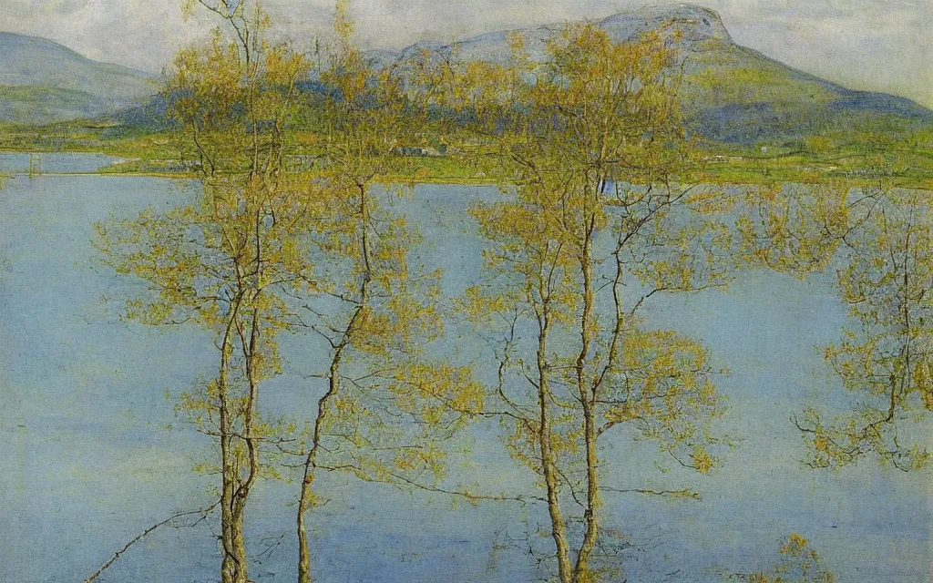 Prompt: a painting of large lake in norway, spring, oil on canvas, by carl larsson