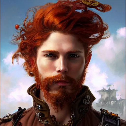 Image similar to portrait of a young rugged steampunk pirate, male, handsome, masculine, full body, red hair, long hair, soft hair, d & d, fantasy, intricate, elegant, highly detailed, steampunk, airship, digital painting, artstation, concept art, matte, sharp focus, illustration, art by artgerm and greg rutkowski and alphonse mucha
