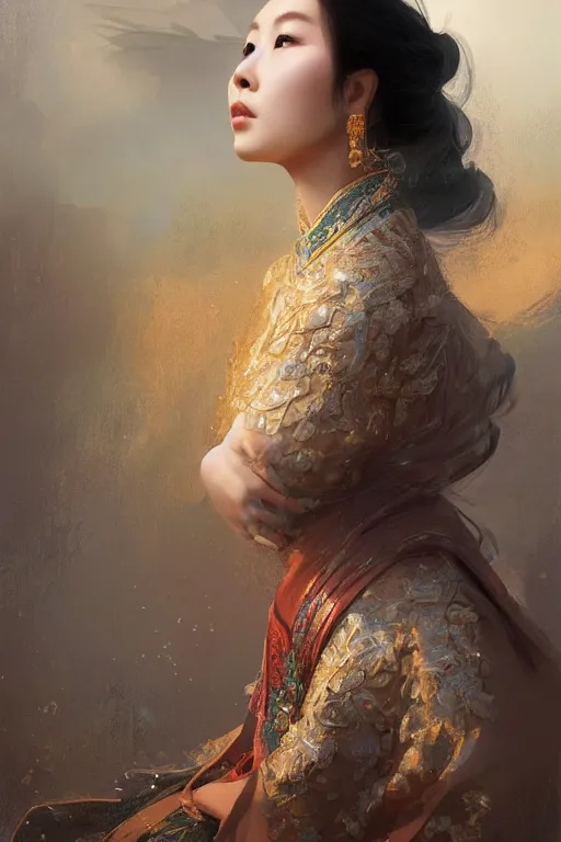 Image similar to chinese princess, gorgeous, portrait, intricate, elegant, volumetric lighting, scenery, digital painting, highly detailed, artstation, sharp focus, illustration, concept art, ruan jia, steve mccurry