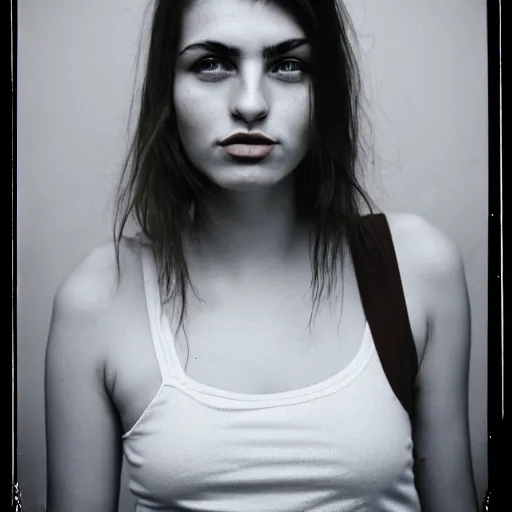 Prompt: 35mm film photo of an atractive cool alternative bosnian woman in her early 20s. beautiful face. She has dark brown hair, dark thick eyebrows, brown eyes and shoulder long hair.