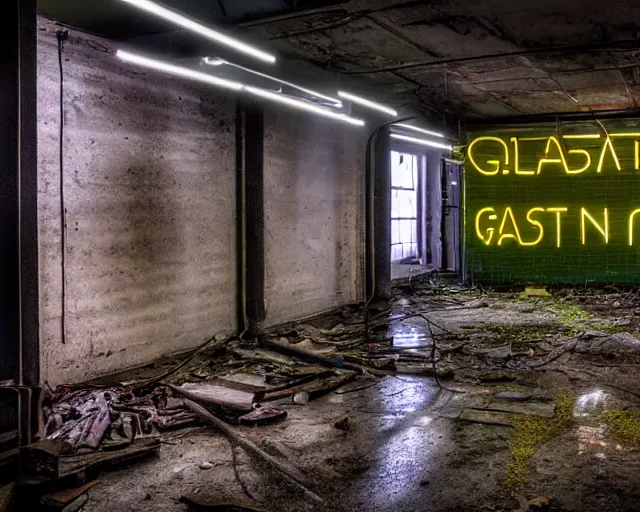 Image similar to An abandoned industial basement lit by a neon sign that says GAK, GAK sign, basement, cinematography by Robby Müller, GAK basement, industrial