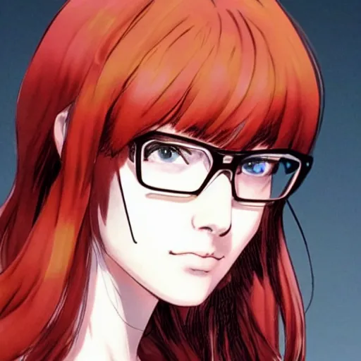 Image similar to chubby beautiful redhead nerd with thick eyebrows, yoji shinkawa