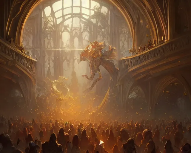 Image similar to a room filled with 1 0 0 0 different people from everywhere ever, deep focus, d & d, fantasy, intricate, elegant, highly detailed, digital painting, artstation, concept art, matte, sharp focus, illustration, hearthstone, art by artgerm and greg rutkowski and alphonse mucha