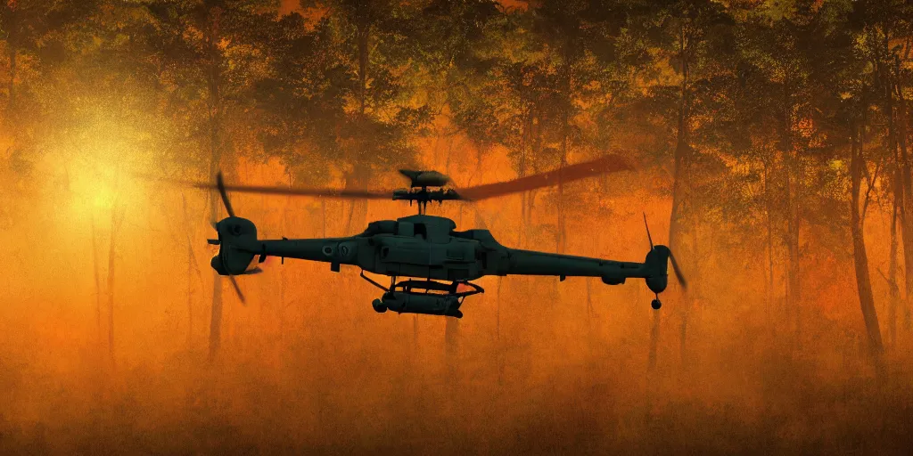 Image similar to Painting of vietnam Huey Helicopters, above a forest, orange sun set, abstract, realism, 8k, detailed, octane render, glow