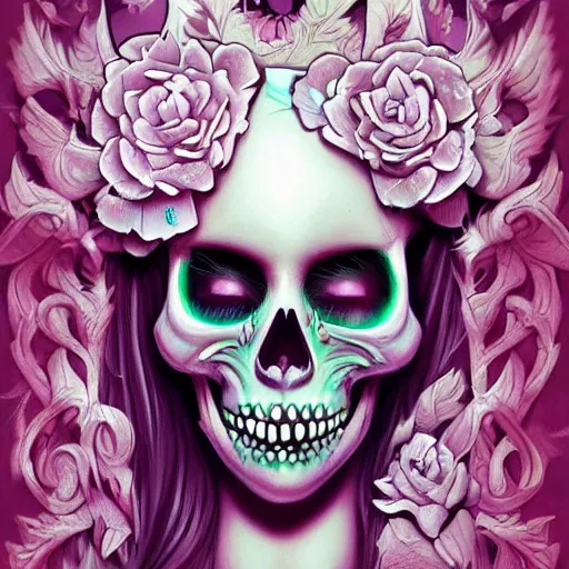 Image similar to digital art painting pastel goth aesthetic, creepy kawaii skull, highly detailed, highly intricate, artstation