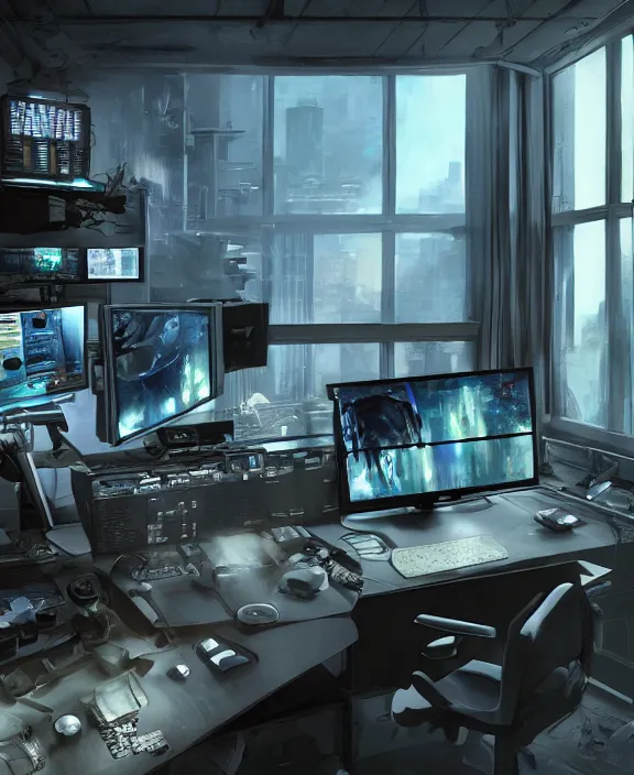 Image similar to artstation scifi scene of a complex computer workstation in a small studio apartment room, many monitors, many electronics, a window view, very detailed, maximalism, ambient occlusion, volumetric light, sun beam, atmospheric haze, unreal engine, hyper realism, realistic shading, cinematic composition, realistic render, octane render, detailed textures, photorealistic, wide shot