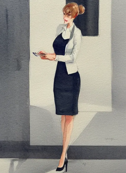 Image similar to concept art of a modern office life, young business woman, pencil miniskirt, pinterest, artstation trending, behance, watercolor *, by coby whitmore, silver, laser light,