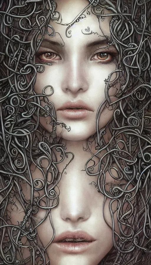 Image similar to very detailed portrait of a 2 0 years old girl surrounded by tentacles, the youg woman visage is blooming from fractal and vines, by luis royo,