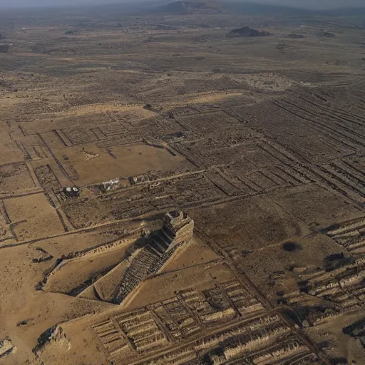 Prompt: bronze age empire, view from above, pyramids and ancient agriculture landscape