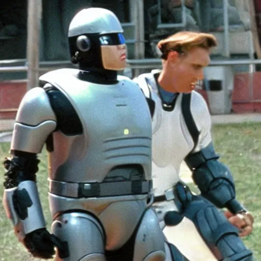 Image similar to award winning photograph of peter weller as robocop, yelling at little league game