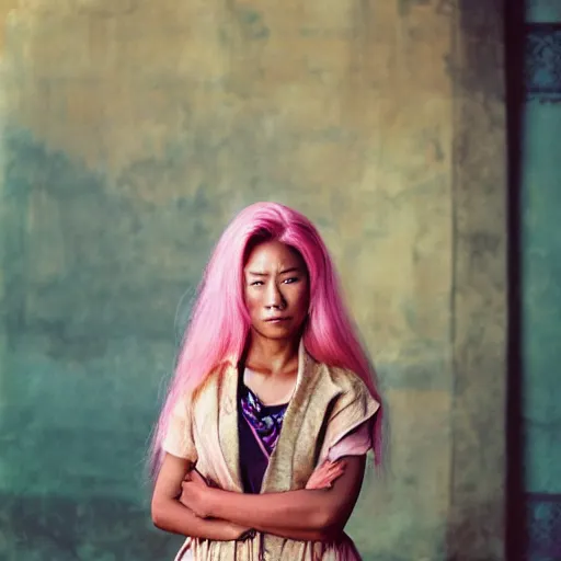 Prompt: a beautiful asian woman with pink hair and tan skin, portrait photograph, nikon 3 5 mm, photograph by annie leibovitz and steve mccurry,