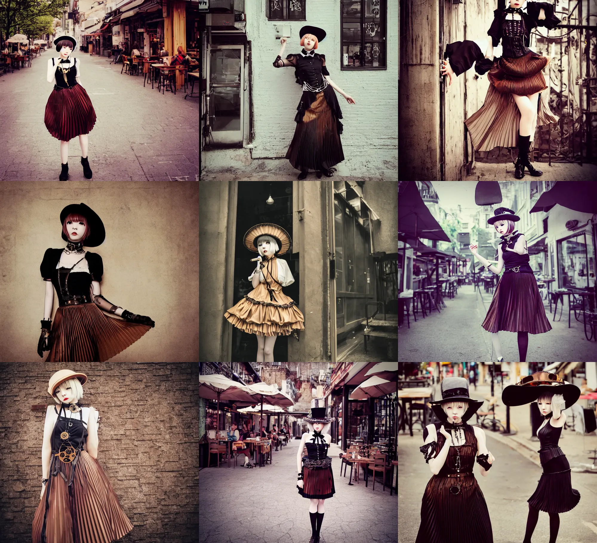 Prompt: lomography, full body portrait photo of women like reol from a distance wearing a pleated steampunk dress with a choker and a small cute hat in past an open air cafe exterior,, realistic, dynamic perspective pose, skin tinted a warm tone, hdr, rounded eyes, detailed facial features,
