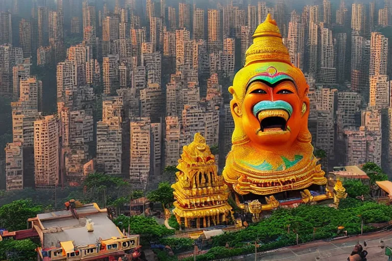 Image similar to high quality 3 d dreamscape! biomorphic hanuman head building in the middle of mumbai!!, kalighat highly detailed, cinematic smooth, stephen shore & john j. park, soft morning light, wide shot, high angle, uhd 8 k, deep focus