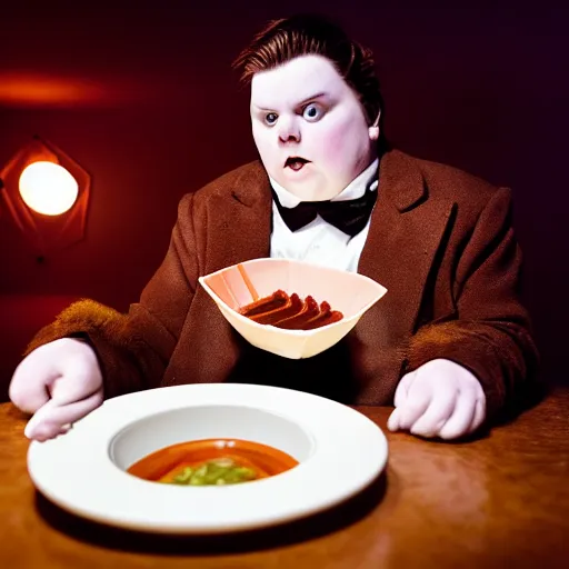 Image similar to wide - angle photo of augustus gloop eating body sushi, high focus, dramatic lighting, high detail, photo by david lachappelle 8 k
