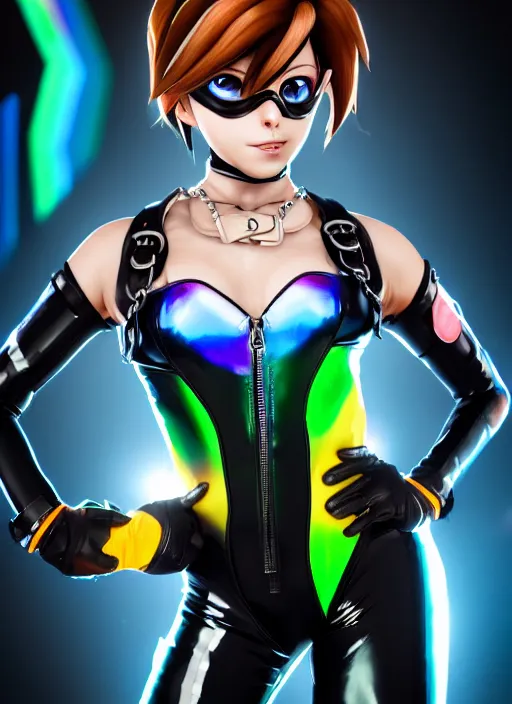 Image similar to full body digital artwork of tracer overwatch, wearing black iridescent rainbow latex swimsuit, 4 k, expressive happy smug expression, makeup, in style of mark arian, wearing detailed black leather collar, wearing chains, black leather harness, leather cuffs around wrists, detailed face and eyes,