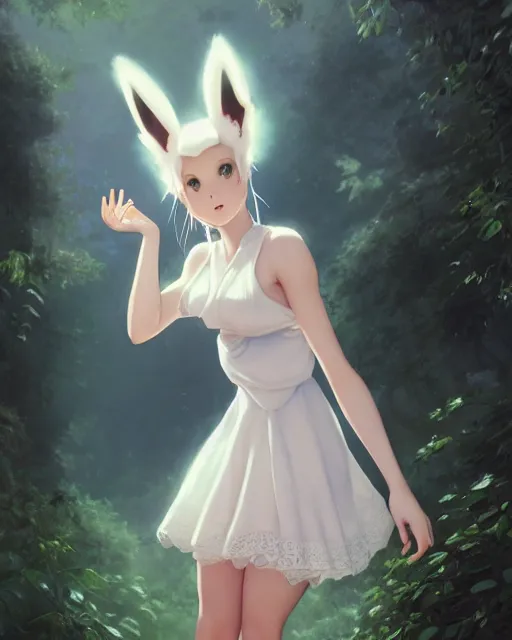 Image similar to photo of eevee pokemon humanisation, in lace short white dress, film still, dslr, by greg rutkowski, gil elvgren, enoch bolles, ross tran, artgerm, wlop, glossy skin, pearlescent, very coherent