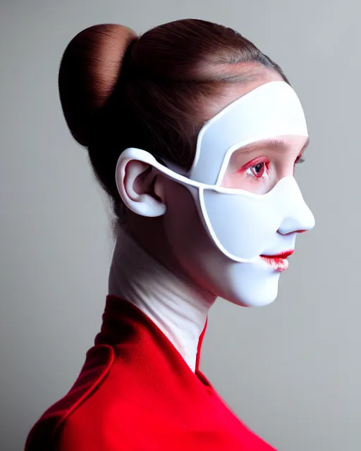 Prompt: symmetrical portrait of a woman wearing a white embroidered translucent silicone mask and white frizzy hair buns, wearing a silicone white bodysuit, red background, soft diffused light, biotechnology, futuristic aesthetic, translucent, ethereal, intricate details, highly detailed, masterpiece,