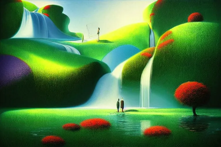 Image similar to surreal glimpse into other universe, waterfall, summer morning, very coherent and colorful high contrast, art by!!!! gediminas pranckevicius!!!! dark shadows, hard lighting