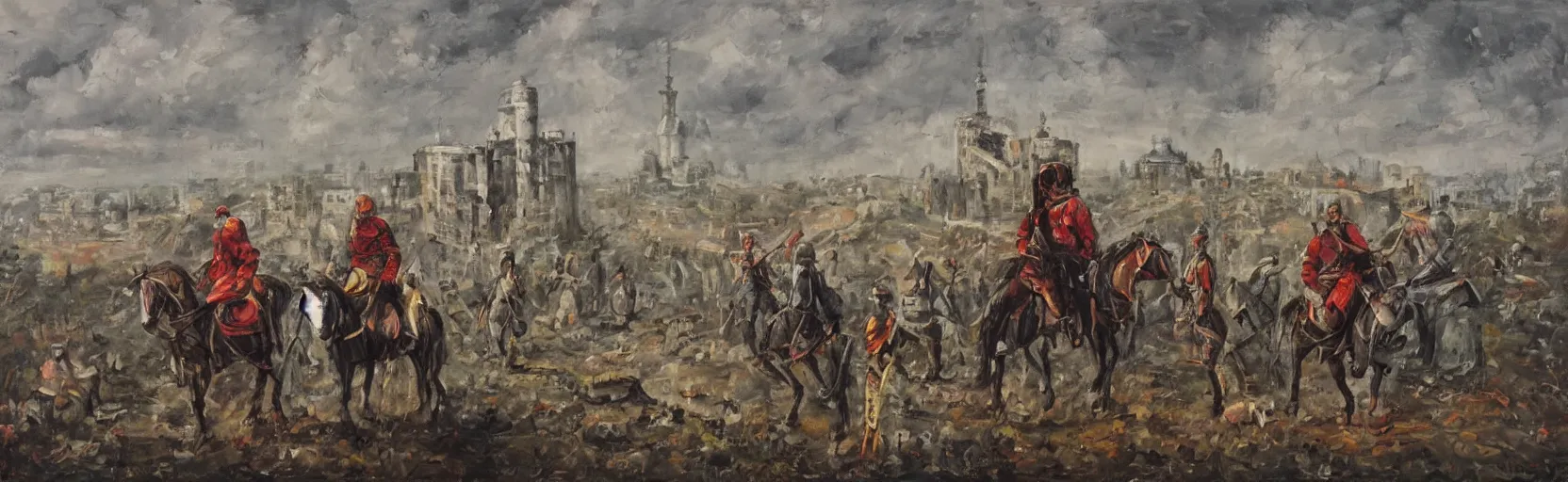 Prompt: horseback knights at scenic overlook; cloudy, grey skies, walled fort city deteriorating office buildings in background on hill; la Bastille, post apocalyptic, grungy; oil on canvas, colorful