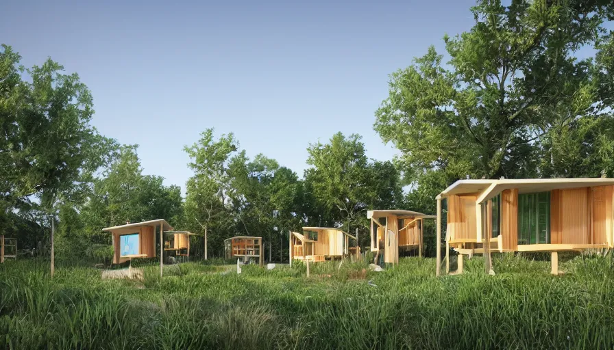 Image similar to A wide image of an eco-community neighborhood of innovative contemporary 3D printed prefab sea ranch style cabins with rounded corners and angles, beveled edges, made of cement and concrete, organic architecture, in a lush green eco community with side walks, parks and public space , Designed by Gucci and Wes Anderson, golden hour