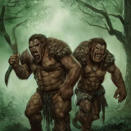 Image similar to a two - headed ettin from dnd in a dark forest, digital art, high quality render, artstation