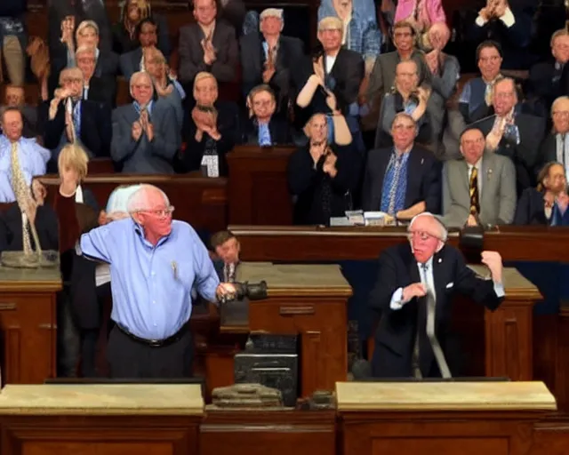 Image similar to bernie sanders deadlifting 200lb barbells, holding the barbells high above his head, in senate chambers during filibuster