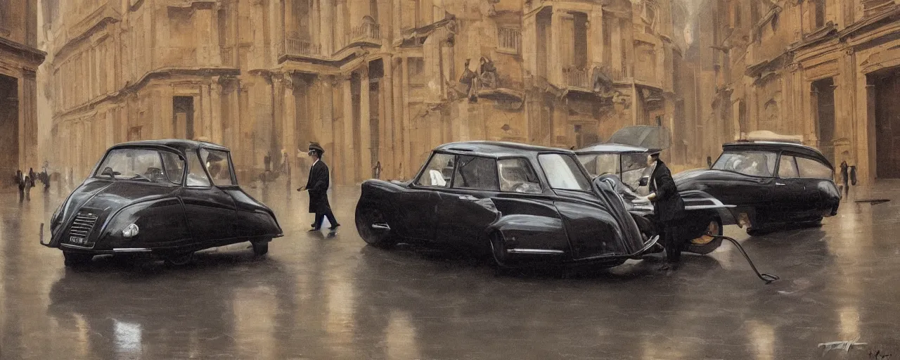 Image similar to A Detective at a black 1955 Citroen DS 19 with the headlights on, parked on the side of the road in the city of Rome while it is raining, by George Tooker, moody, sinister, lighting, hyperrealistic