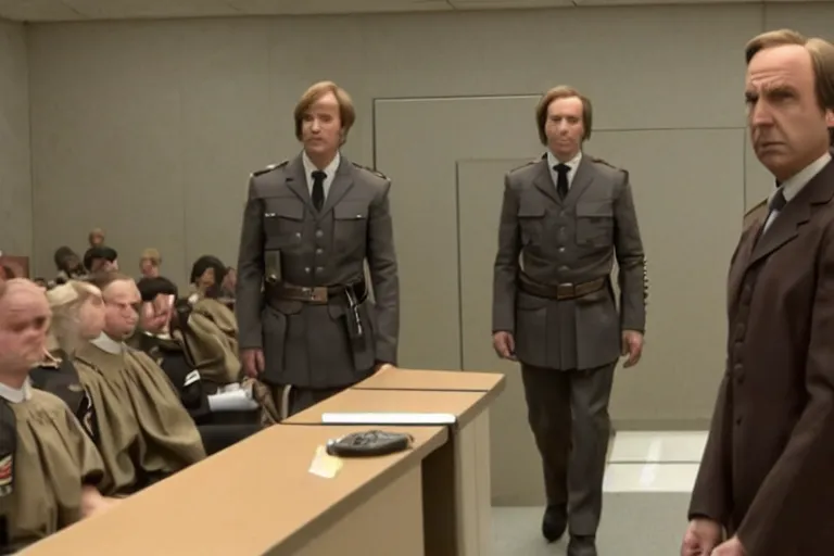 Prompt: saul goodman and anakin skywalker wearing prisoner's uniform in court, court images, 1 0 8 0 p, court archive images